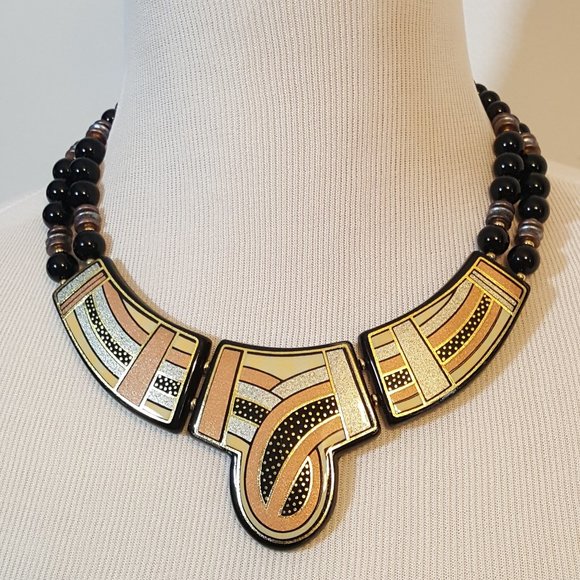 Vintage Statement Piece Necklace Made in Japan Copper Gold Black Silver 16 Inch - Picture 1 of 6